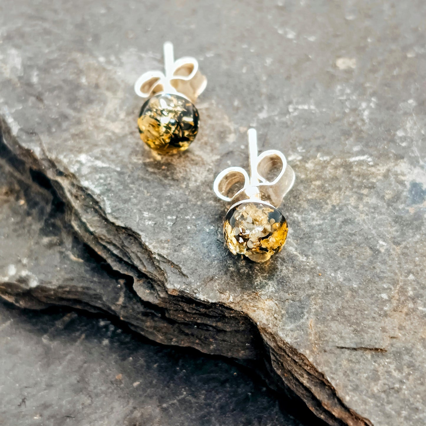 Green amber stud earrings, 925 silver