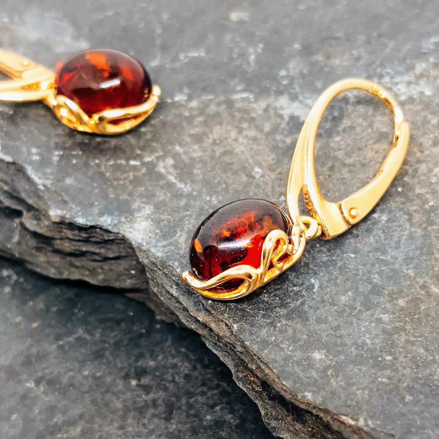 Amber earrings, cognac, gold-plated 925 silver