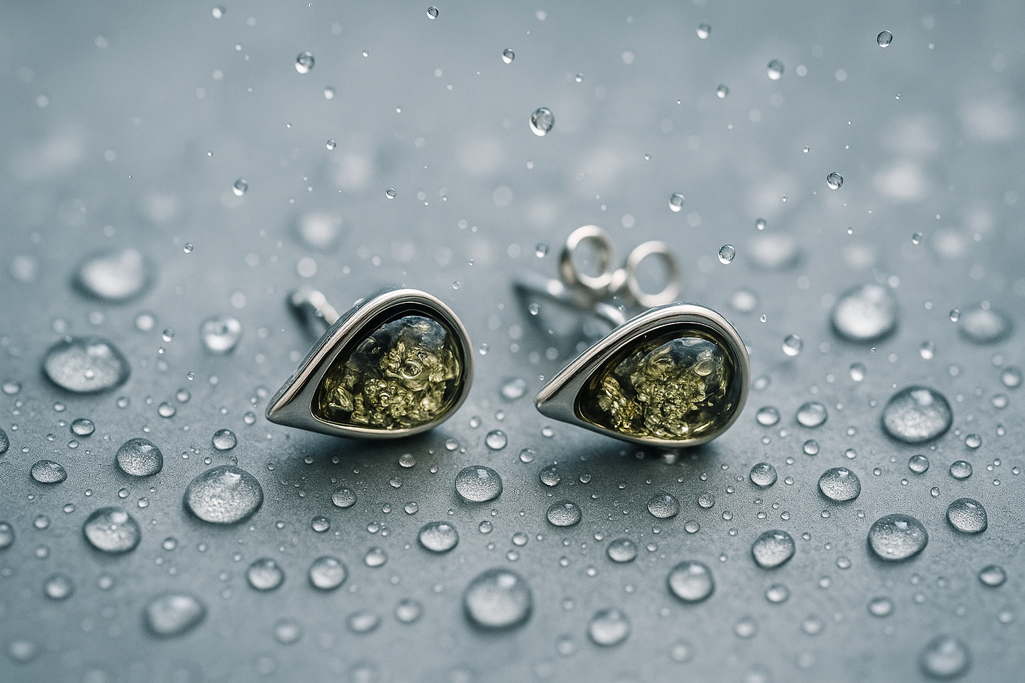 Green amber stud earrings, 925 silver, teardrop shape