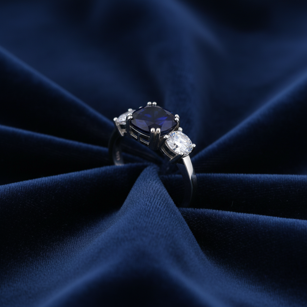 Saphir-Ring auf dunkelblauem Samt