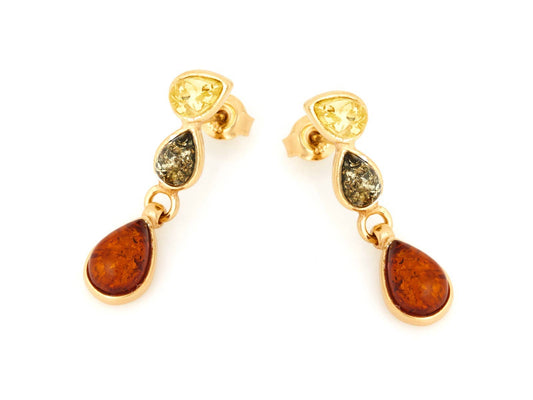 925 silver earrings, gold-plated with tricolor amber