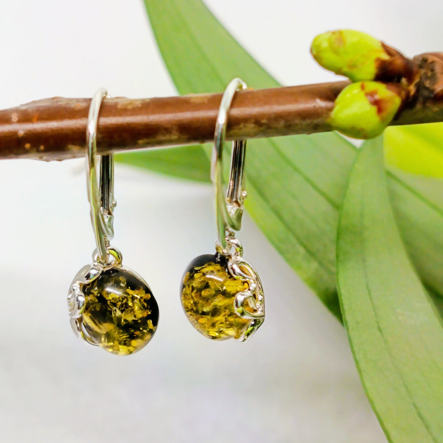 Earrings with green amber, 925 silver