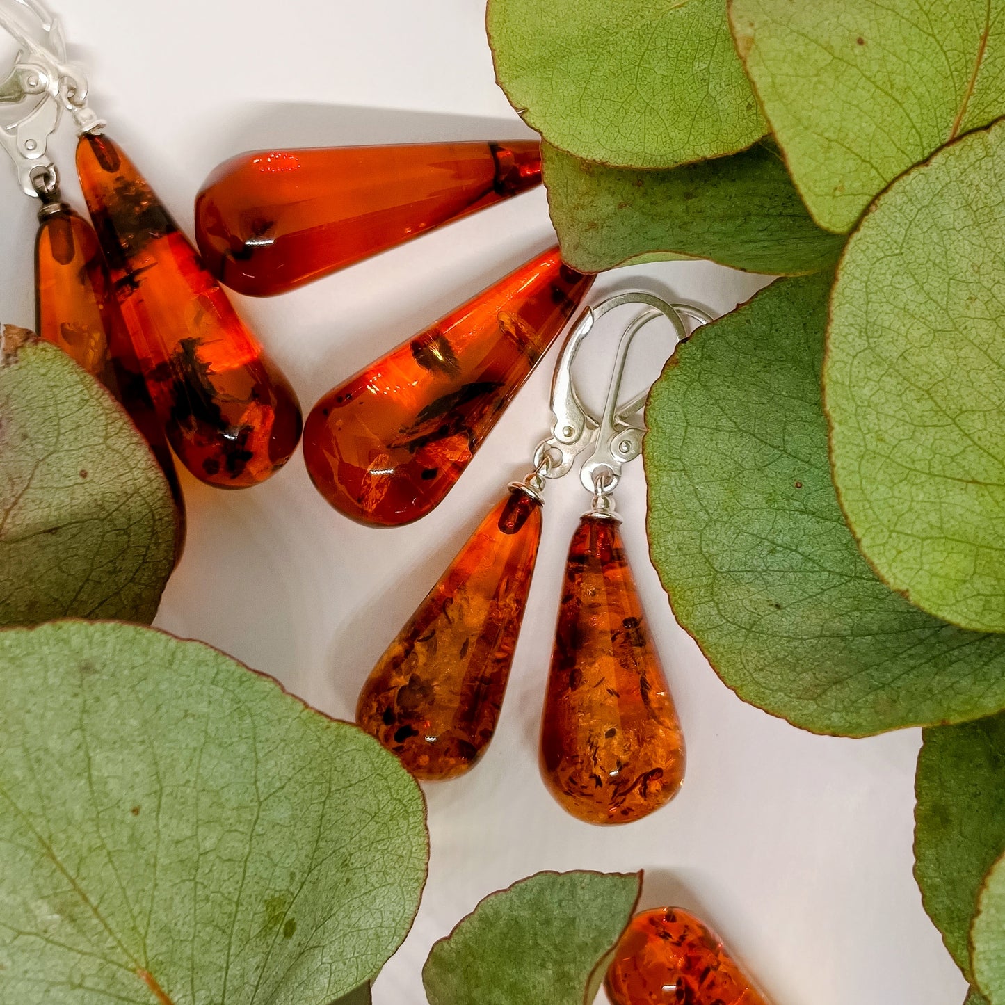 Amber earrings 925 silver, crystal teardrop