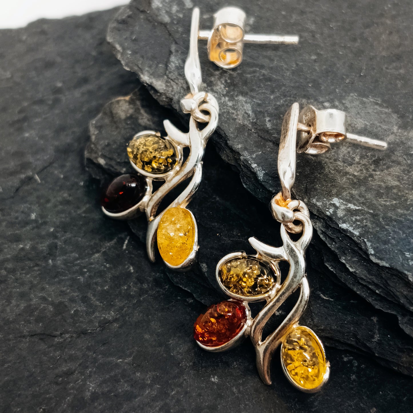 925 silver stud earrings trio, with Baltic amber