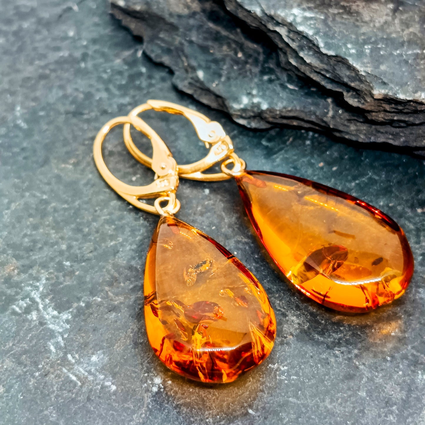 Drop earrings, handmade amber