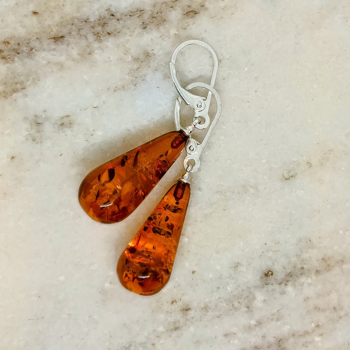 Amber earrings 925 silver, crystal teardrop