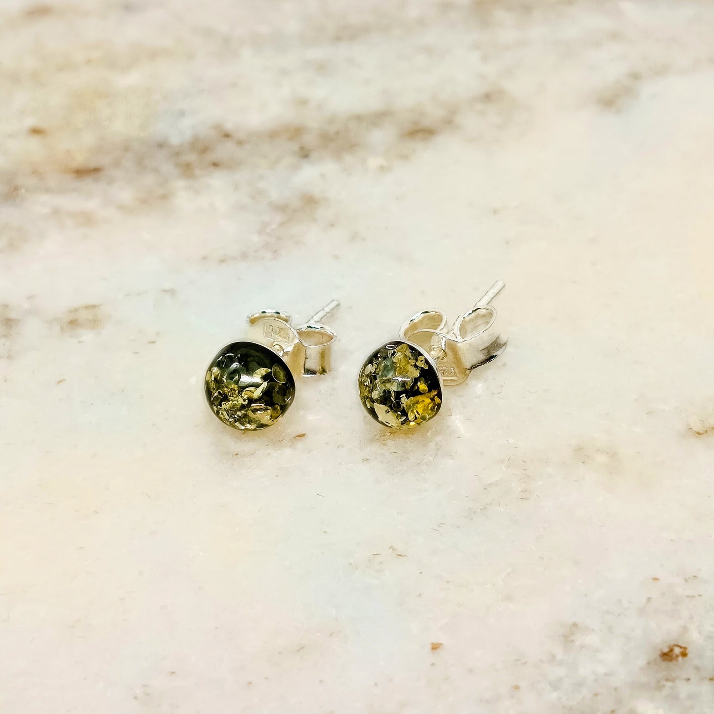 Green amber stud earrings, 925 silver