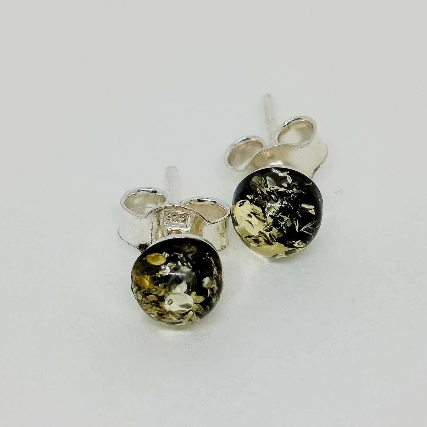 Green amber stud earrings, 925 silver
