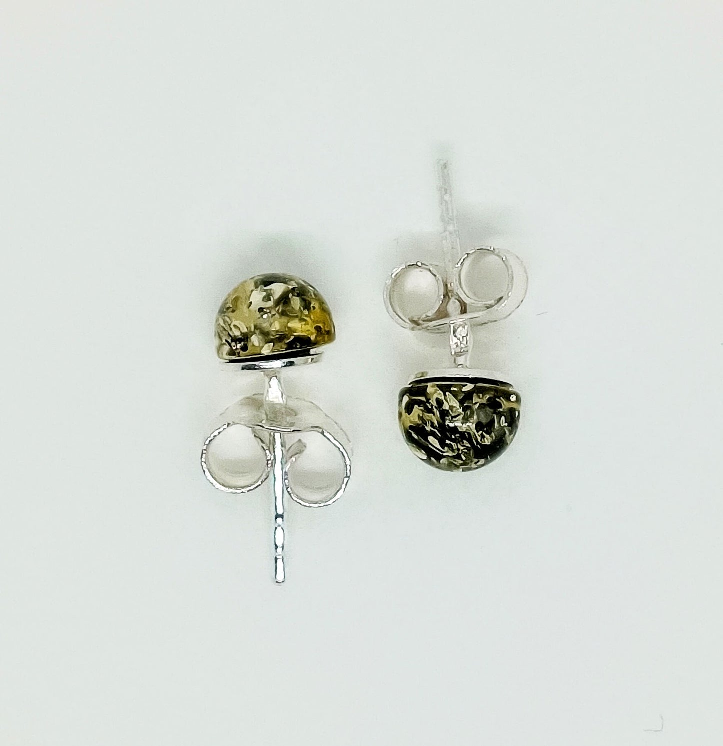 Green amber stud earrings, 925 silver