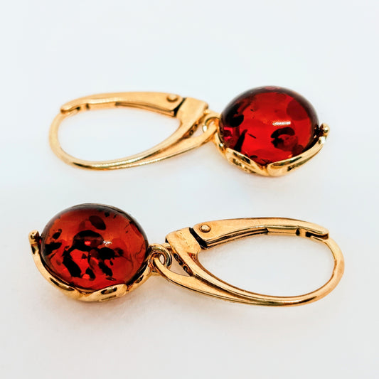 Amber earrings, cognac, gold-plated 925 silver