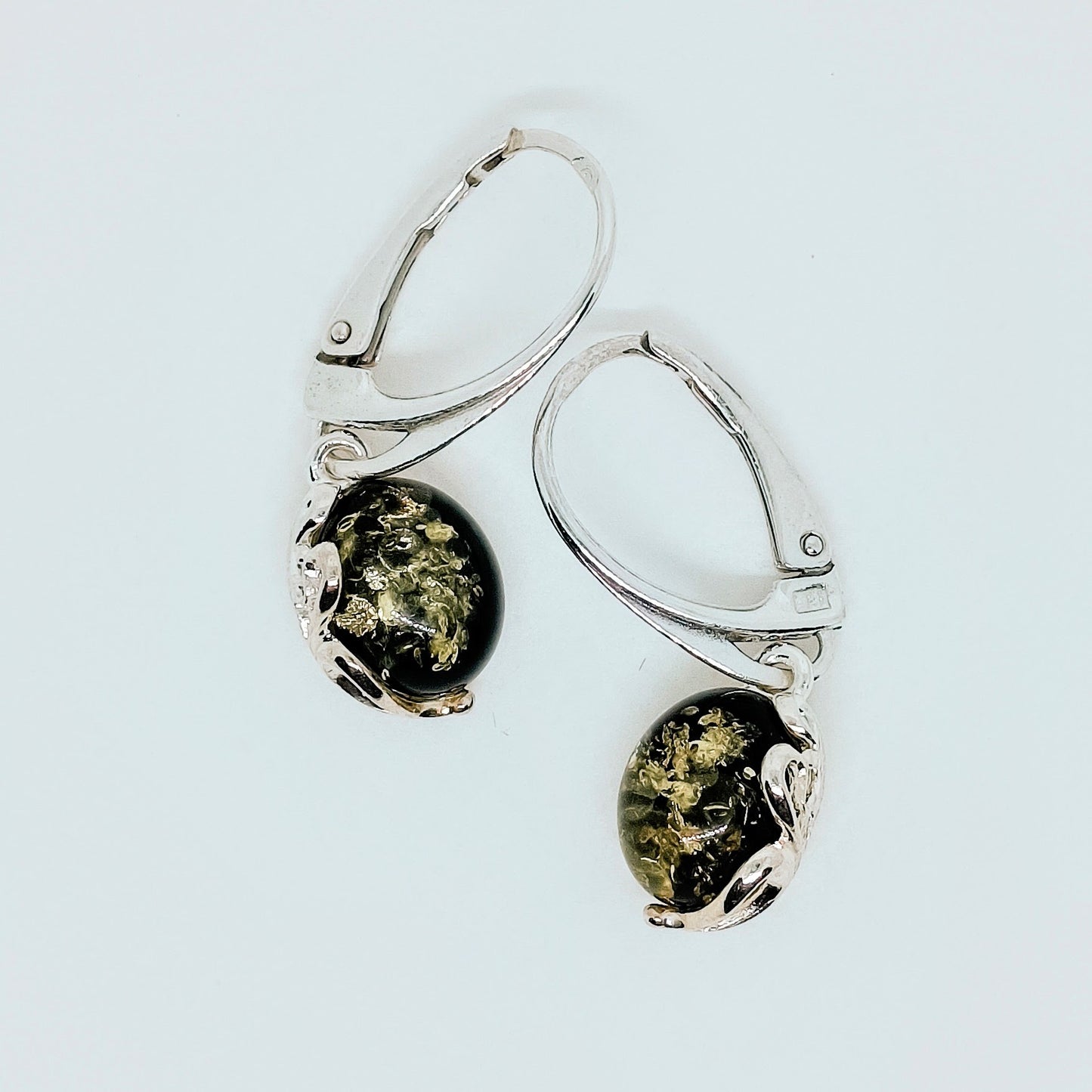 Earrings with green amber, 925 silver