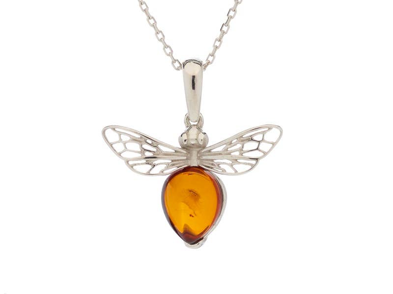 Bee pendant in cognac amber, sterling silver 925, 1.5+0.8 cm