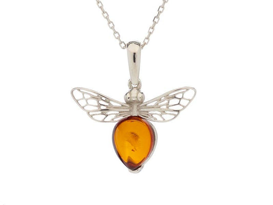 Bee pendant in cognac amber, sterling silver 925, 1.5+0.8 cm