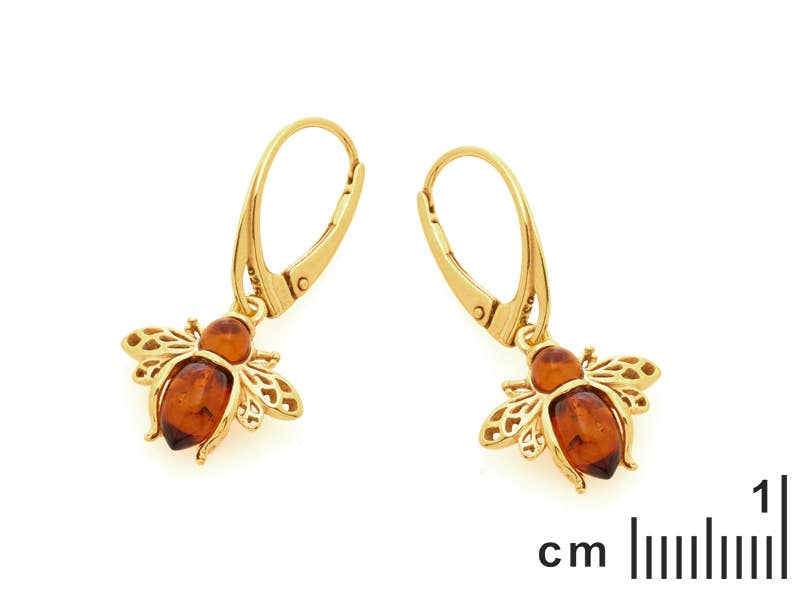 Bee earrings made of cognac amber, 925 gold-plated silver