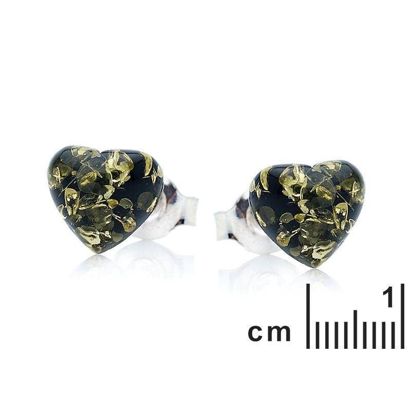 Heart earrings with natural green amber, sterling silver