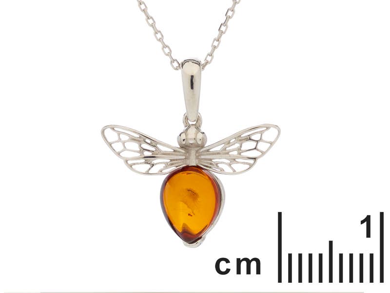 Bee pendant in cognac amber, sterling silver 925, 1.5+0.8 cm
