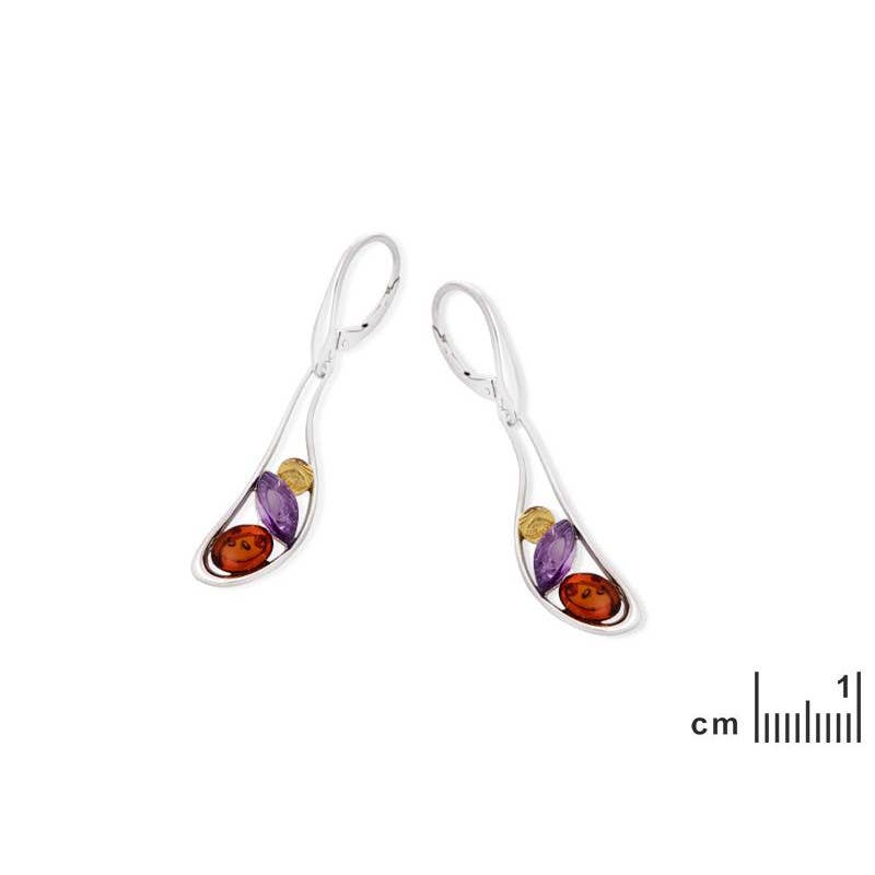 Earrings with amethyst and amber, sterling silver 925