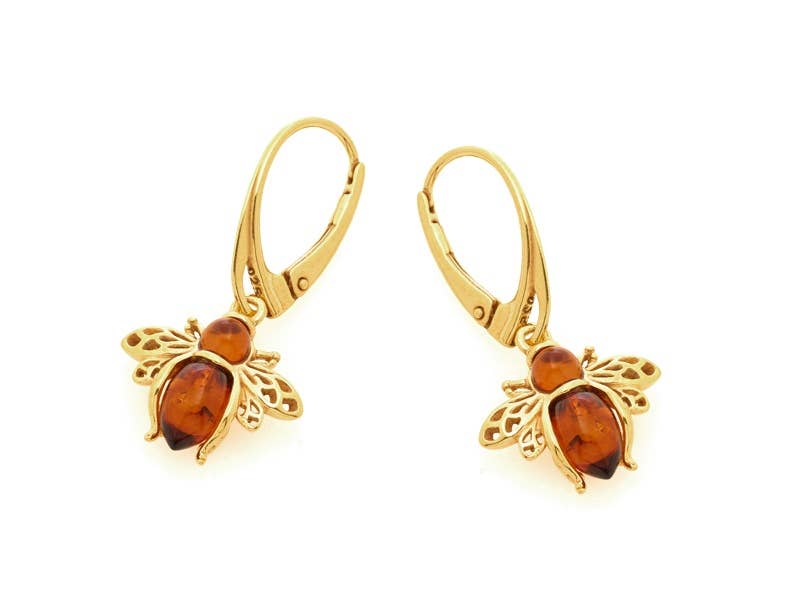 Bee earrings made of cognac amber, 925 gold-plated silver