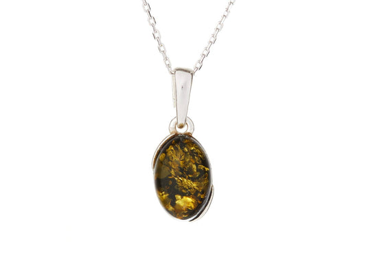 Oval green amber pendant, 925 sterling silver