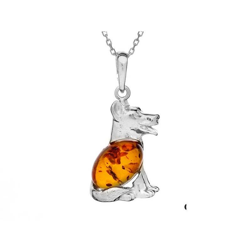 Dog pendant with oval natural-colored cognac amber, sterling silver