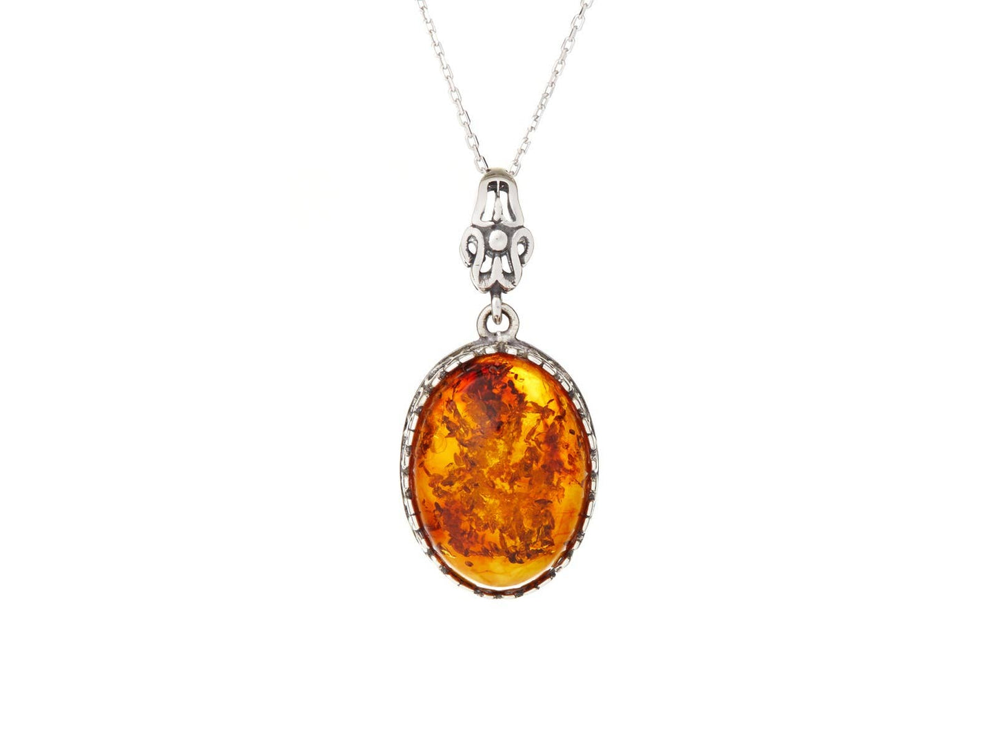 Oval cognac amber pendant, antique silver 925, 2+1 cm
