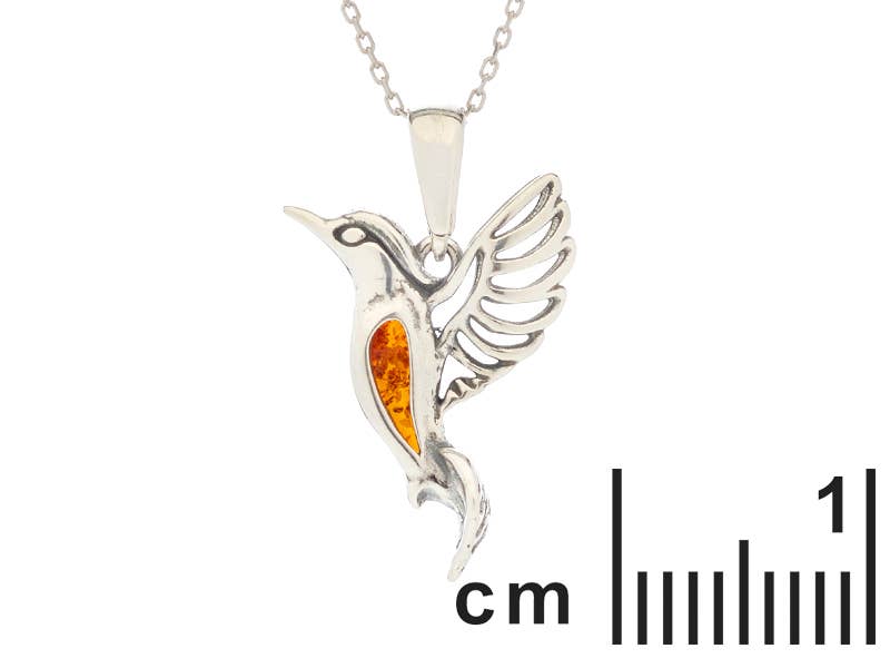 Hummingbird pendant in cognac amber, sterling silver