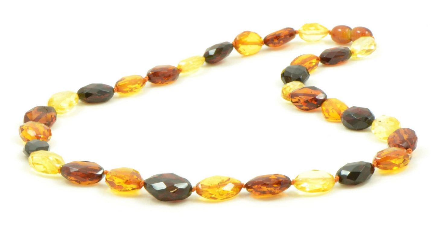 Large faceted set of multicolored amber in olive shape