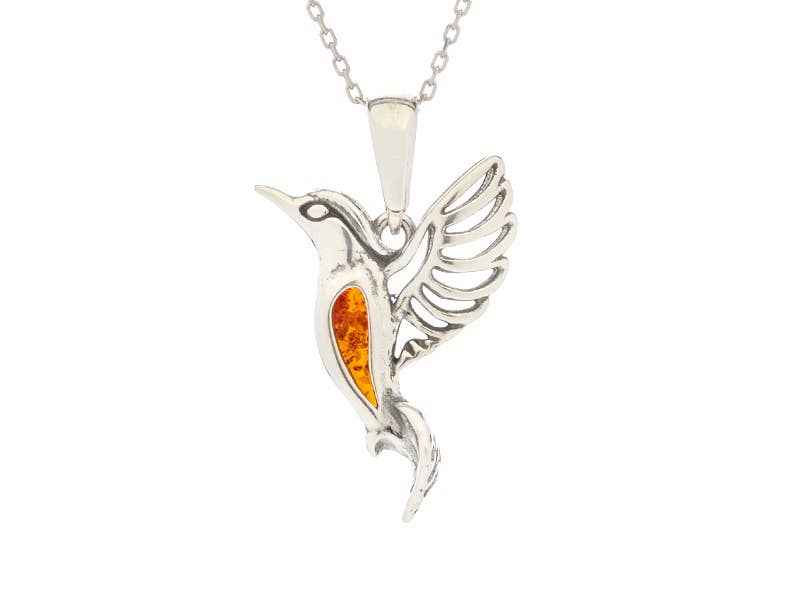 Hummingbird pendant in cognac amber, sterling silver