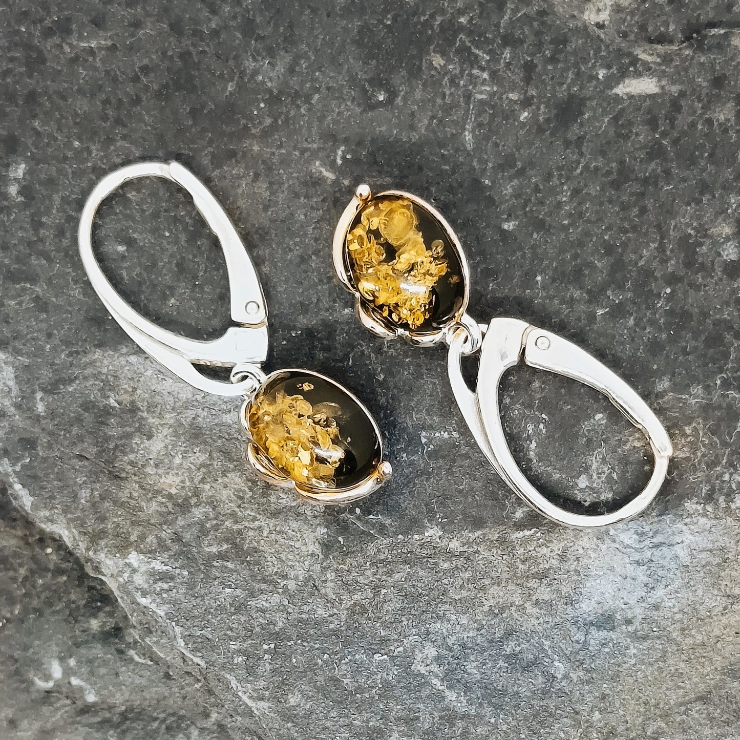 Earrings with green amber, 925 silver