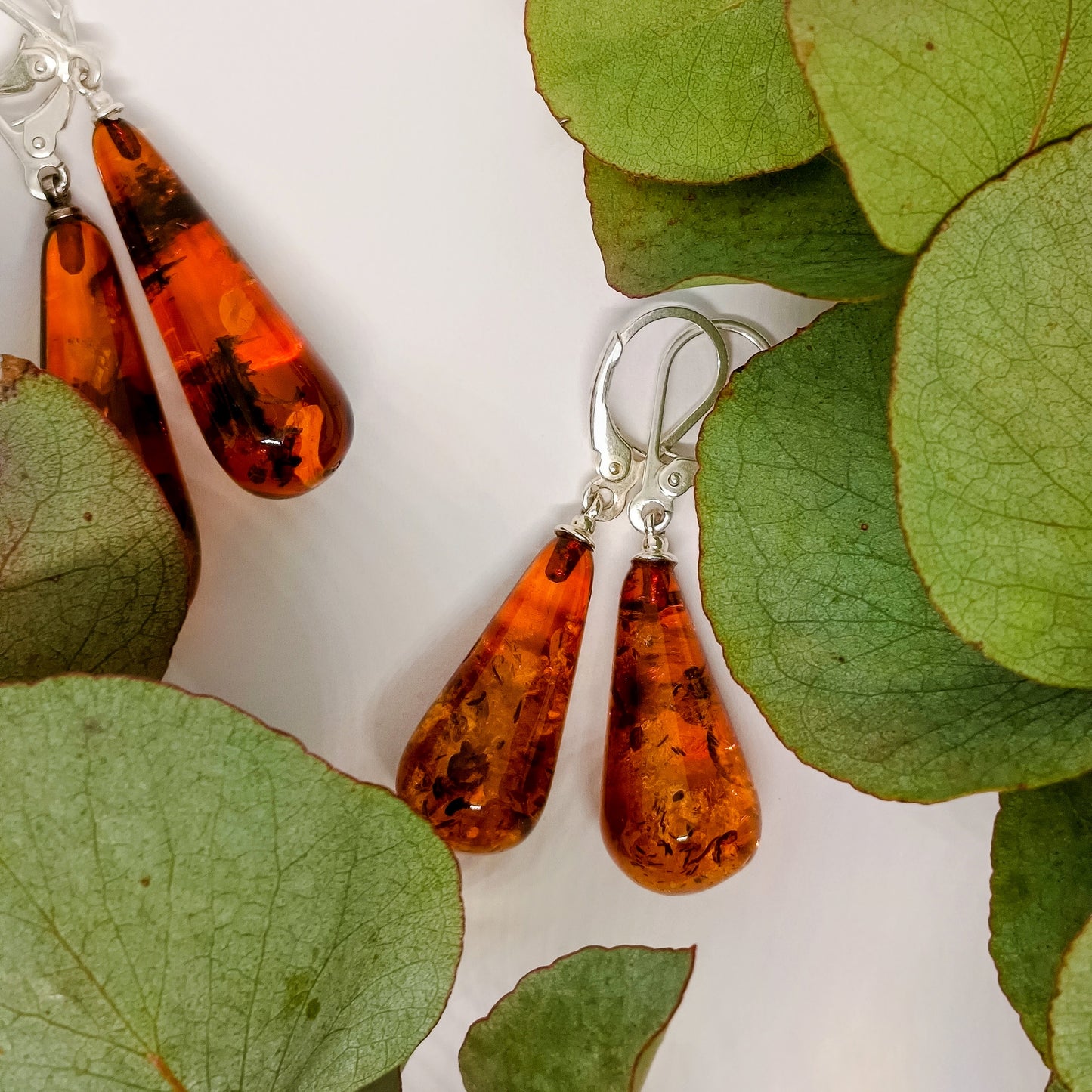 Amber earrings 925 silver, crystal teardrop