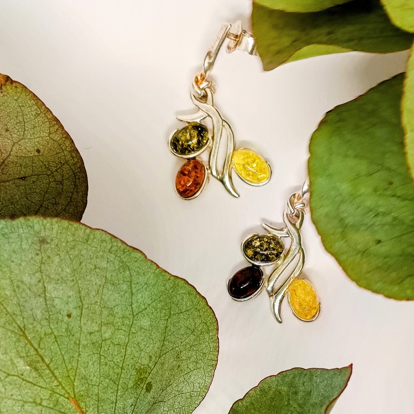 925 silver stud earrings trio, with Baltic amber