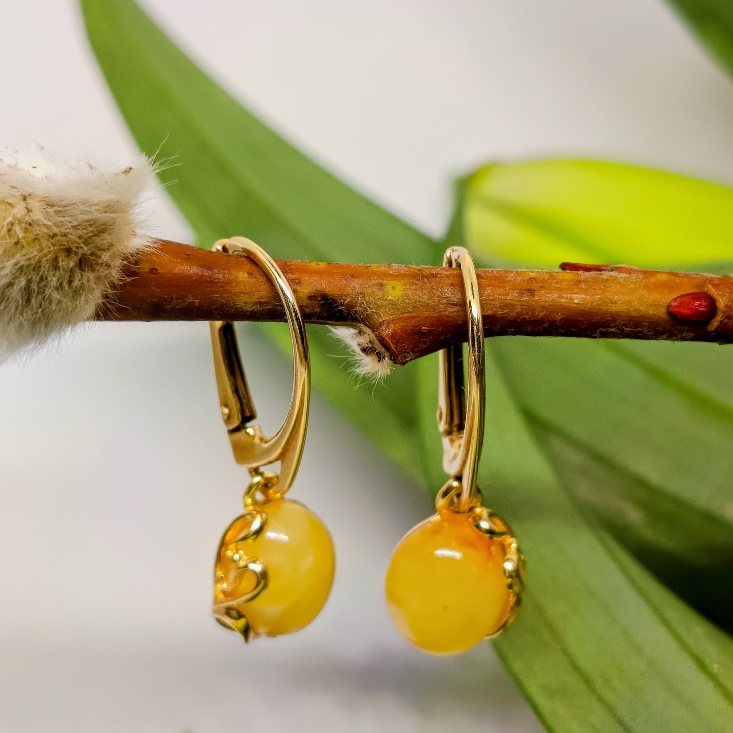 Weiße Ohrringe aus baltischem Bernstein, 925 Silber vergoldet