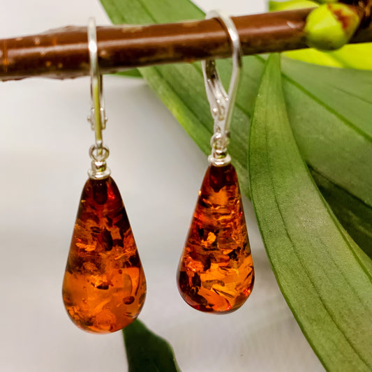 Amber earrings 925 silver, crystal teardrop