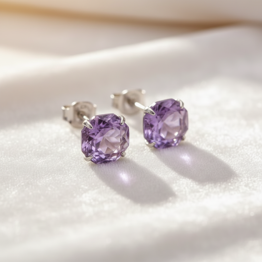 Amethyst Ohrstecker auf weißem Samt - Alternative Ansicht
