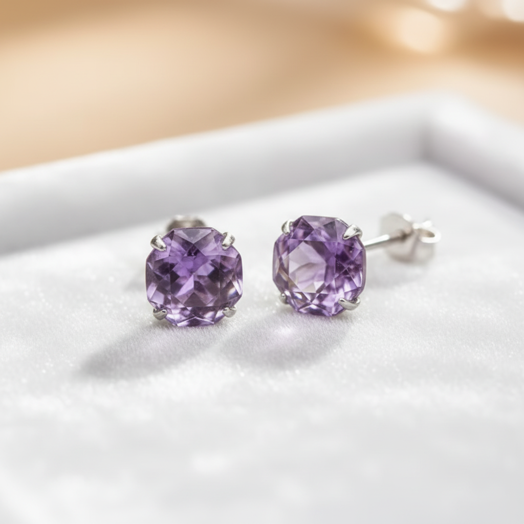 Amethyst Ohrstecker auf weißem Samt