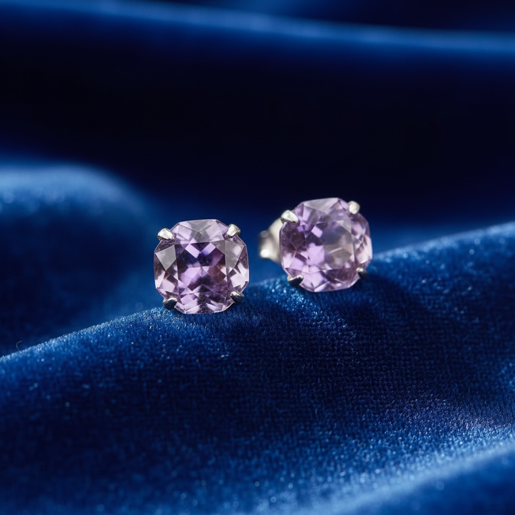Amethyst Ohrstecker Paar auf blauem Samt