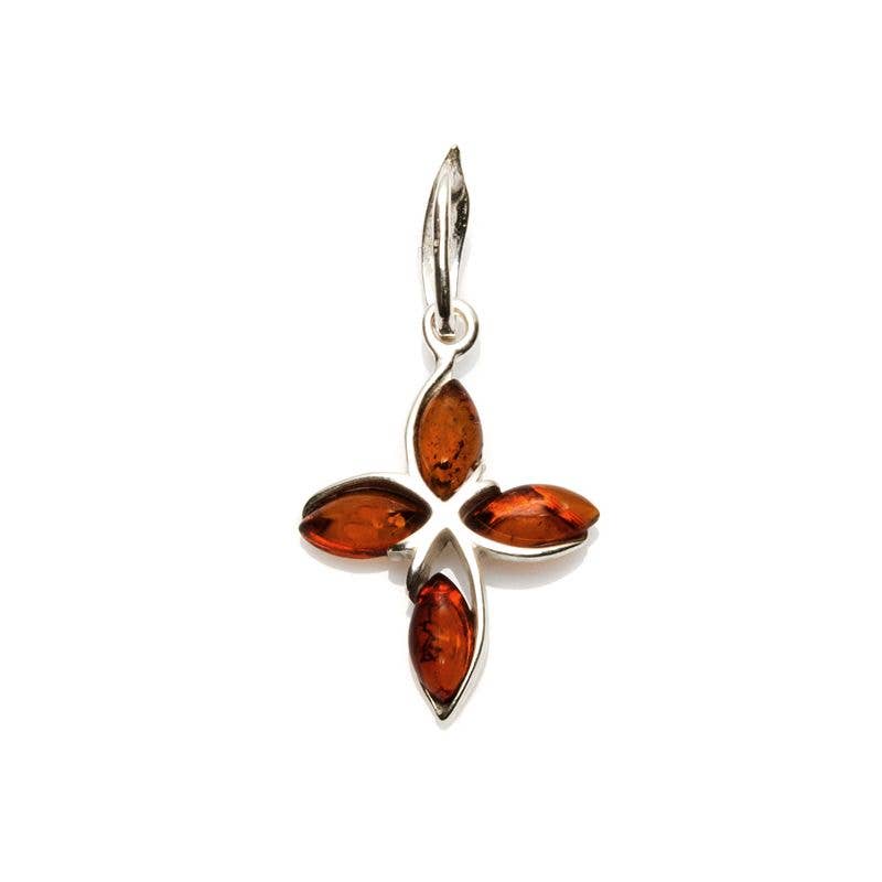 Cross pendant made of cognac-colored amber, silver 925