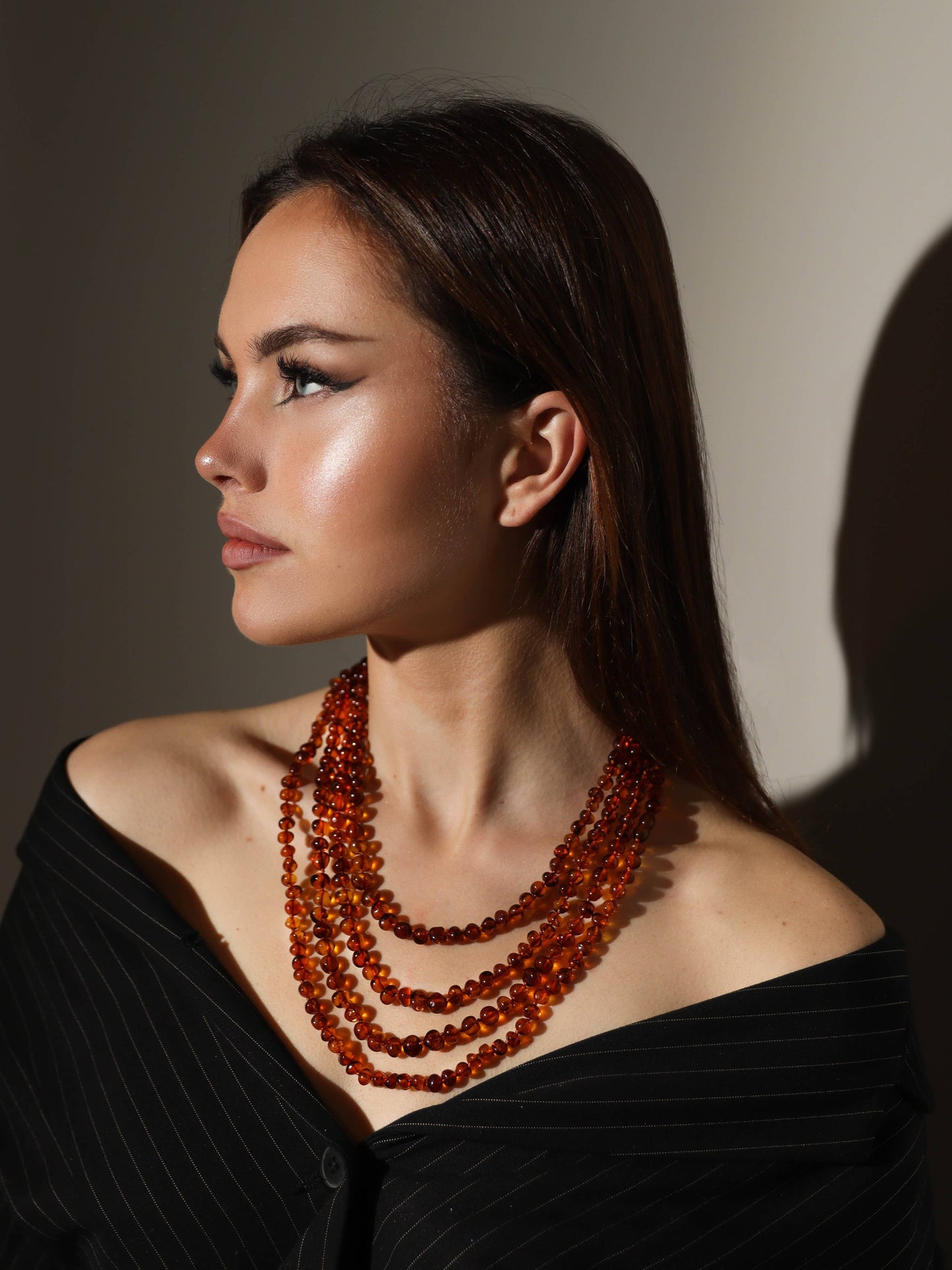 polished amber bead necklace, cognac