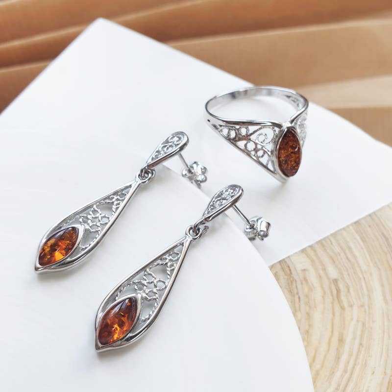 Ohrhänger aus cognacfarbenem Bernstein, 925 Sterlingsilber