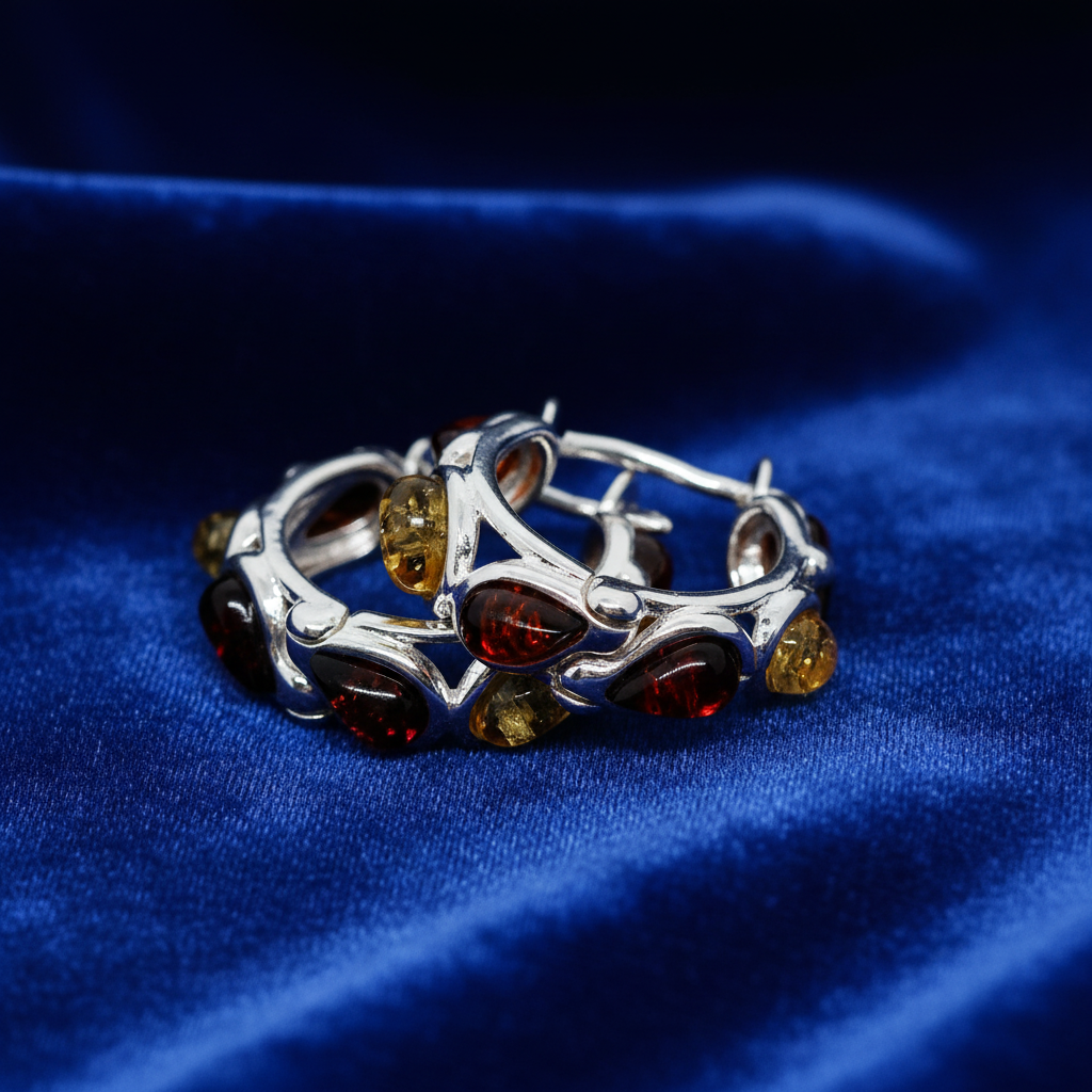 Bernstein-Ohrringe auf blauem Samt