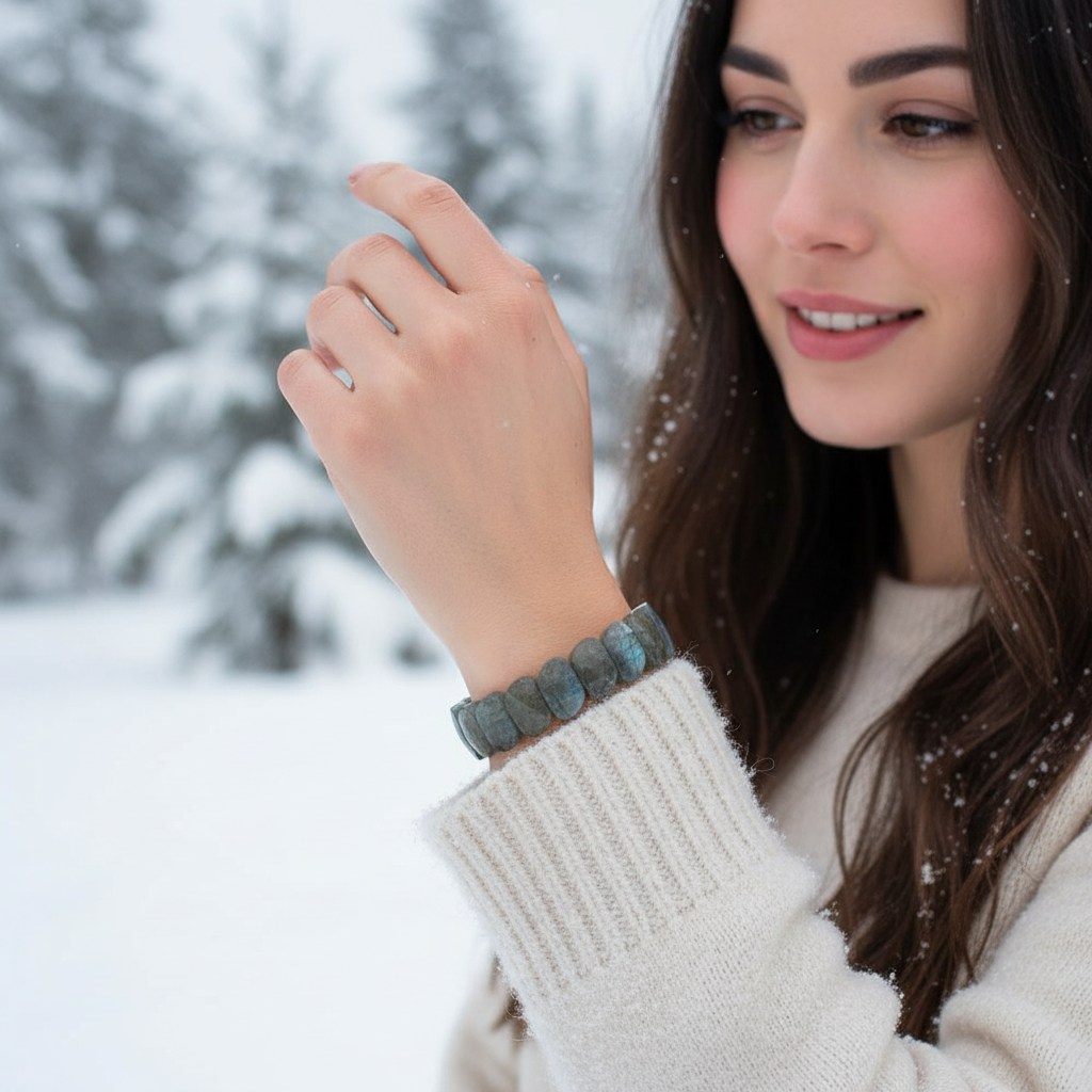 Brünette Frau mit Labradorit-Armband in Winterlandschaft