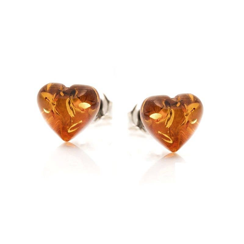 Heart earrings with natural cognac amber, 925 sterling silver
