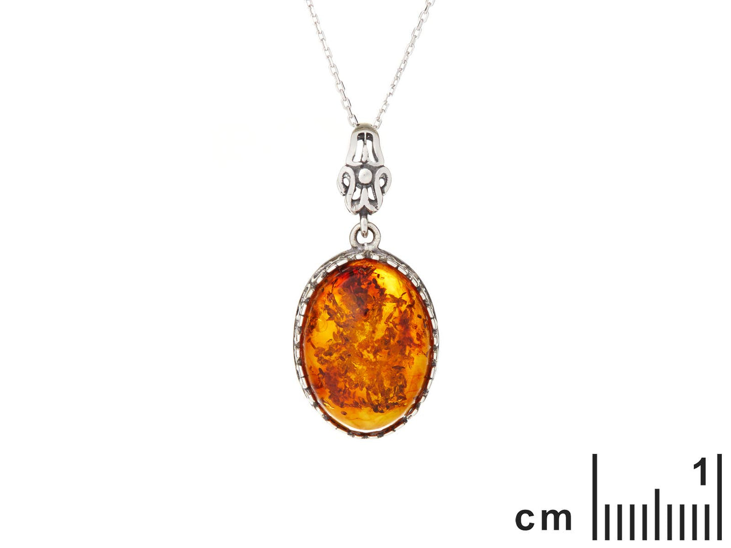 Oval cognac amber pendant, antique silver 925, 2+1 cm