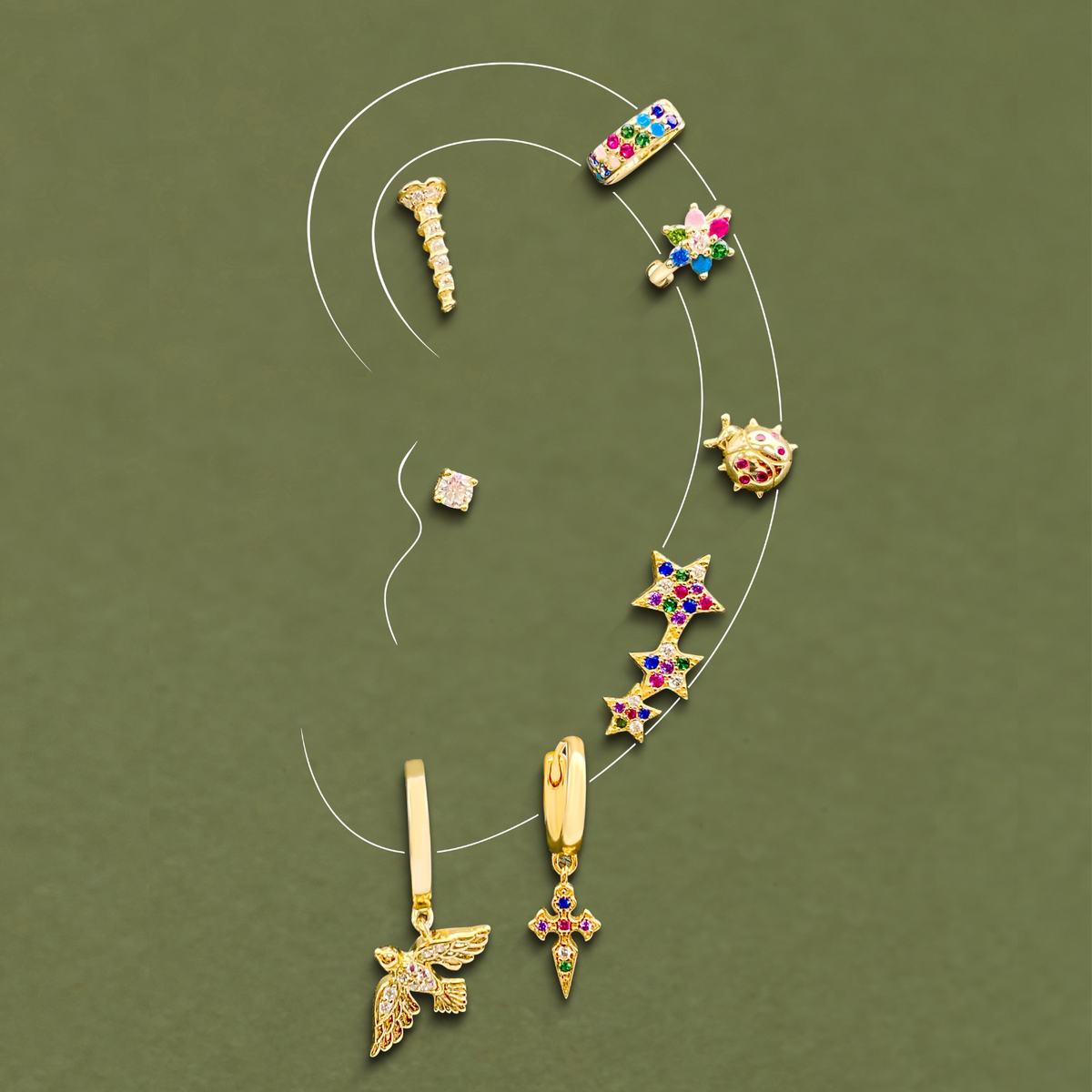 Fortune asymmetrische Ohrringe aus 925er Sterlingsilber mit Gelbgoldplattierung