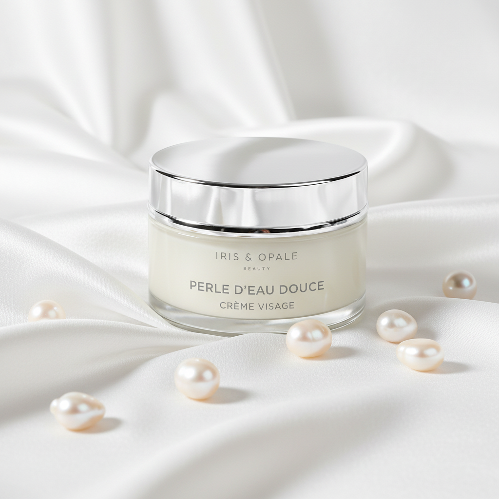 Creme mit Süßwasserperlen auf weißem Satin