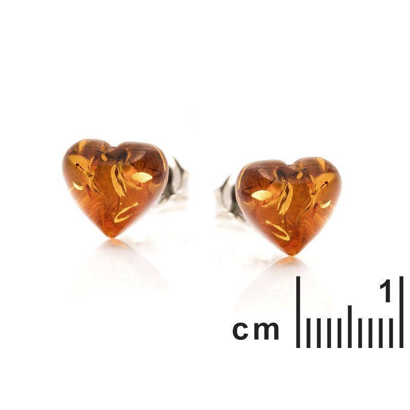 Heart earrings with natural cognac amber, 925 sterling silver