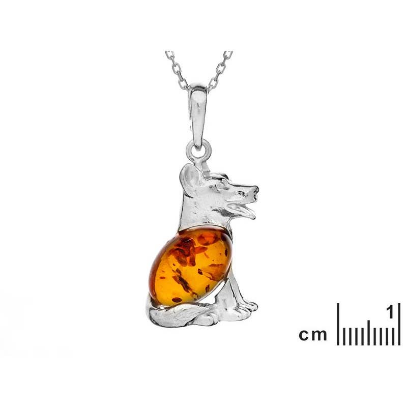 Dog pendant with oval natural-colored cognac amber, sterling silver