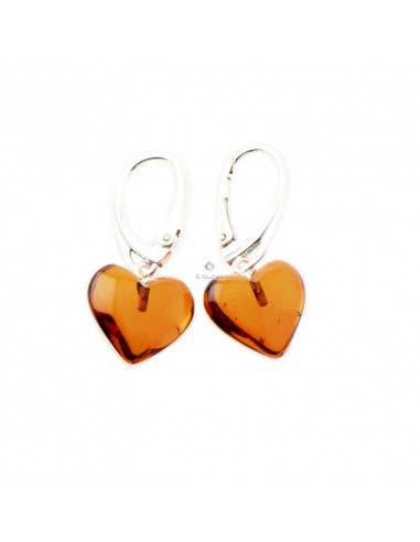 Cognac Baltic amber heart-shaped earrings, 925 silver