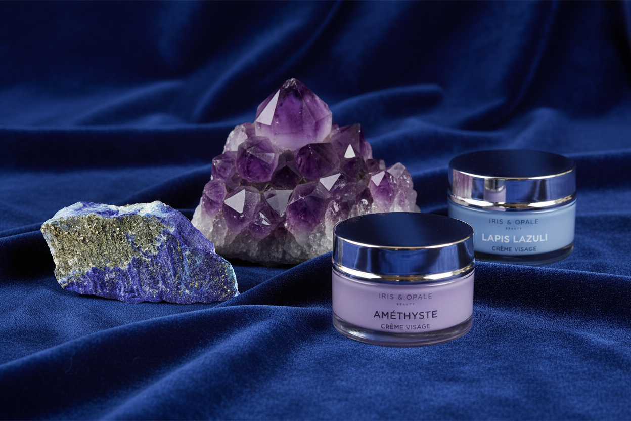 Edelsteine und Kosmetik auf edlem Samt