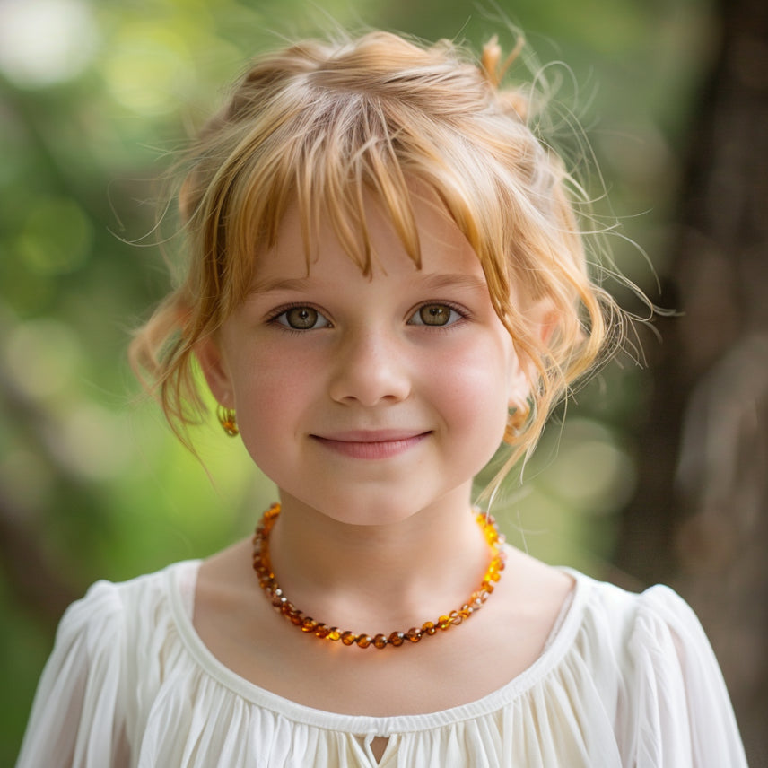 polished amber bead necklace, cognac